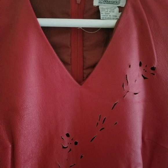 Red Faux Leather Dress with Appliques, V-Neck, Fully Lined Size 4, Styleworks - Picture 3 of 8